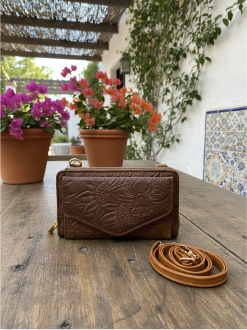 Chocolate Brown Sunflower Embossed Tooled Artisan LEATHER Crossbody Wallet Bag